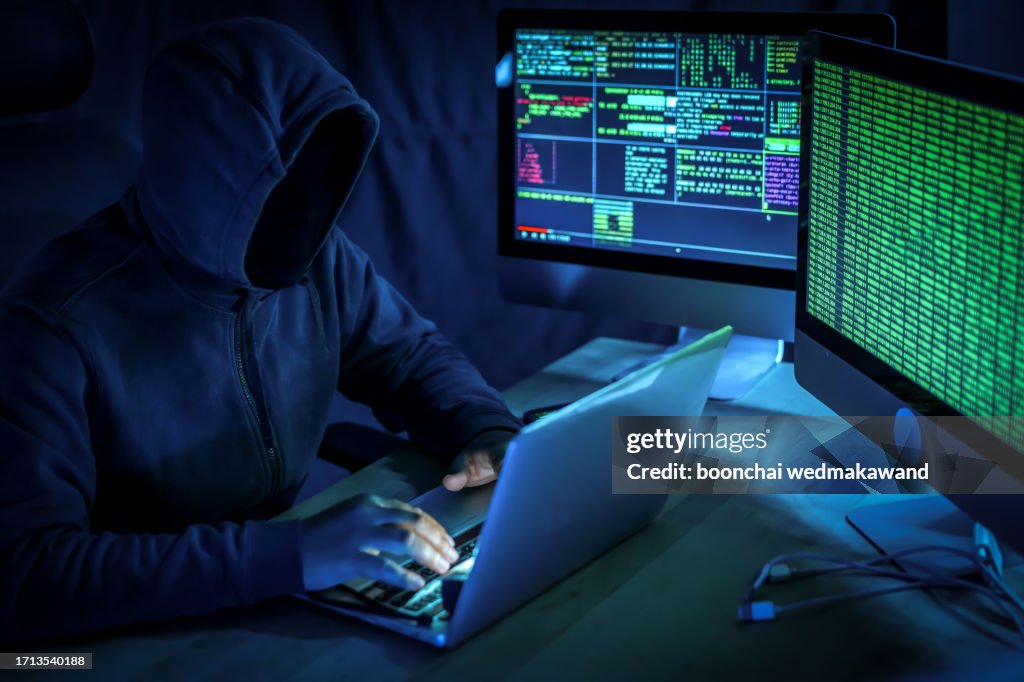 Hackerman With Many Computers Hacker Man Working On Computers In Dark The Room High-Res Stock Photo ...