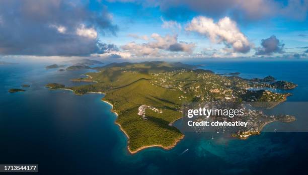 sunset aerial view of st. john, united states virgin islands - cruz bay harbor stock pictures, royalty-free photos & images