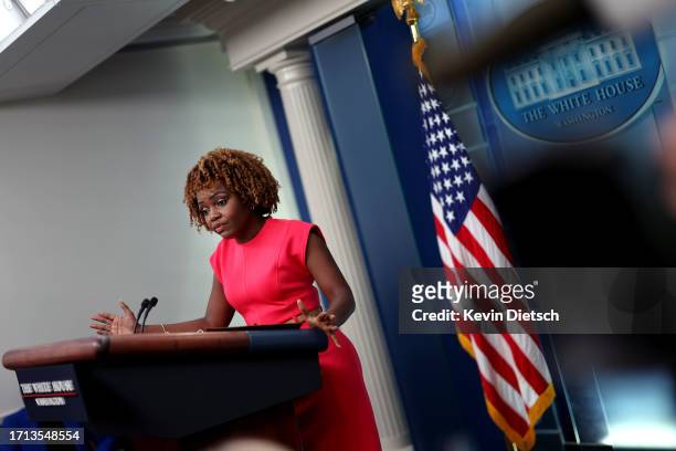White House Press Secretary Karine Jean-Pierre speaks at the daily press briefing at the White House on October 02, 2023 in Washington, DC....