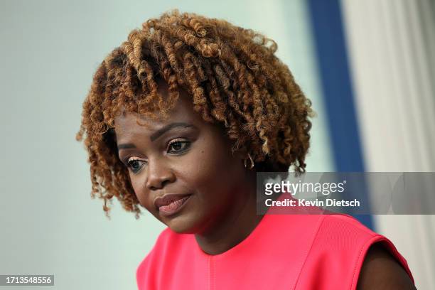 White House Press Secretary Karine Jean-Pierre speaks at the daily press briefing at the White House on October 02, 2023 in Washington, DC....