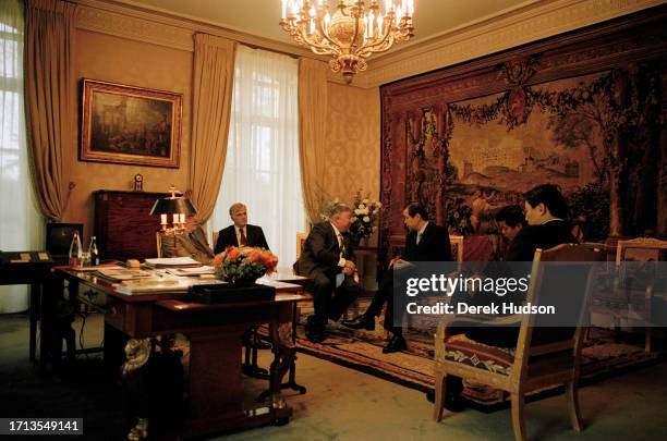 Gérald Larcher, president of the French Senate, meeting with unnamed dignitaries in the office of the president of the French Senate, Paris, December...