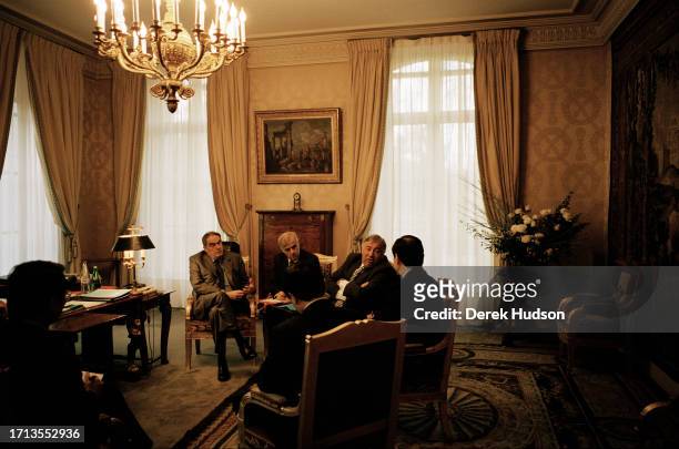 Gérald Larcher, president of the French Senate, meeting with unnamed dignitaries in the office of the president of the French Senate, Paris, December...