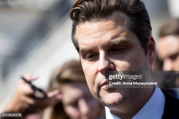 Rep. Matt Gaetz talks to reporters outside of the U.S. Capitol Building on October 02, 2023 in Washington, DC. Gaetz spoke on the House floor and...