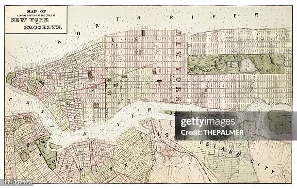 karte von new york und brooklyn 1873 - new york map stock-grafiken, -clipart, -cartoons und -symbole