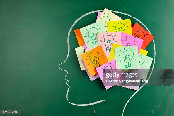 head on chalkboard with light bulb notes inside - inspiration stock pictures, royalty-free photos & images