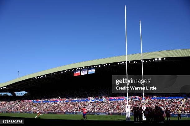Santiago Carreras of Argentina converts a try during the Rugby World Cup France 2023 match between Argentina and Chile at Stade de la Beaujoire on...