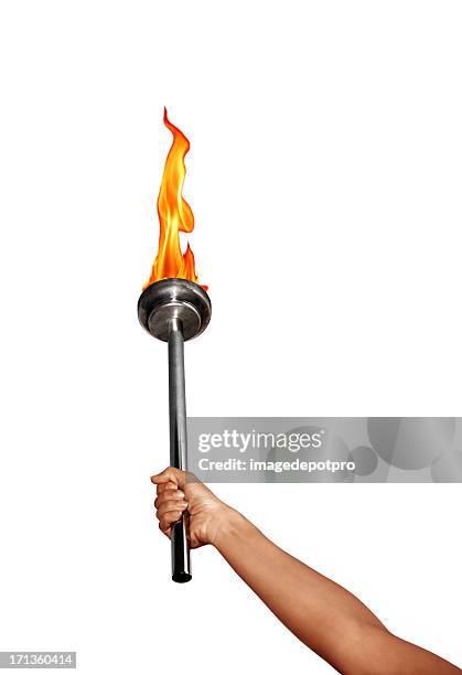isolated holding flaming torch over white - fakkel stockfoto's en -beelden