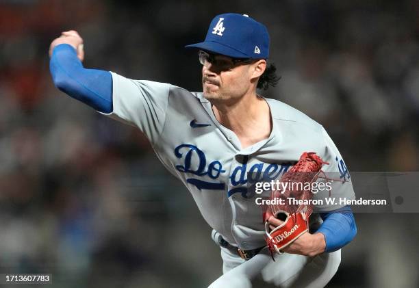 Joe Kelly of the Los Angeles Dodgers pitches against the San Francisco Giants in the bottom of the eighth inning at Oracle Park on September 29, 2023...