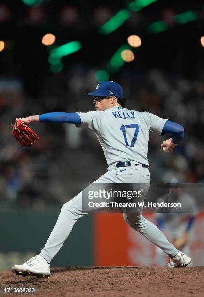Joe Kelly of the Los Angeles Dodgers pitches against the San Francisco Giants in the bottom of the eighth inning at Oracle Park on September 29, 2023...