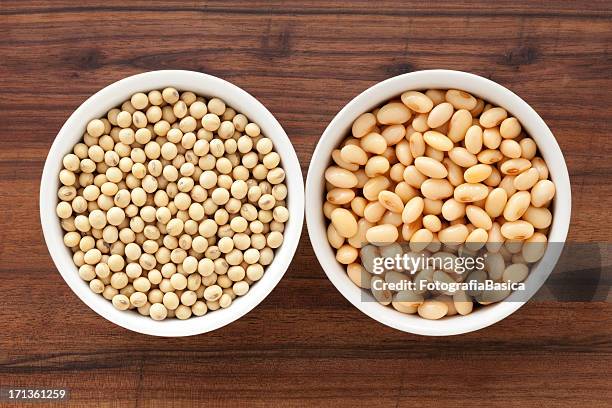 dried and soaked soybeans - bean stockfoto's en -beelden