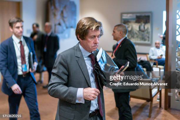 French Ambassador to United Nations Nicolas de Riviere exits the room after taking part in the United Nations Security Council on October 8, 2023 at...