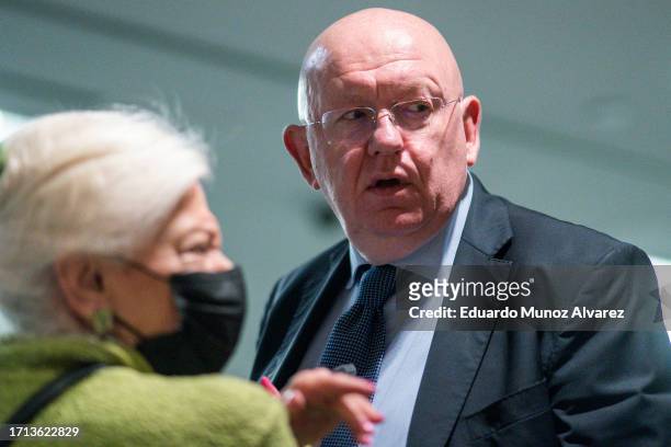 Russian Ambassador to United Nations Vassily Nebenzia exits the room after taking part in the United Nations Security Council on October 8, 2023 at...