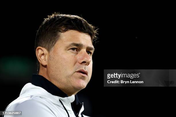 Mauricio Pochettino, Manager of Chelsea, looks on prior to the Premier League match between Fulham FC and Chelsea FC at Craven Cottage on October 02,...