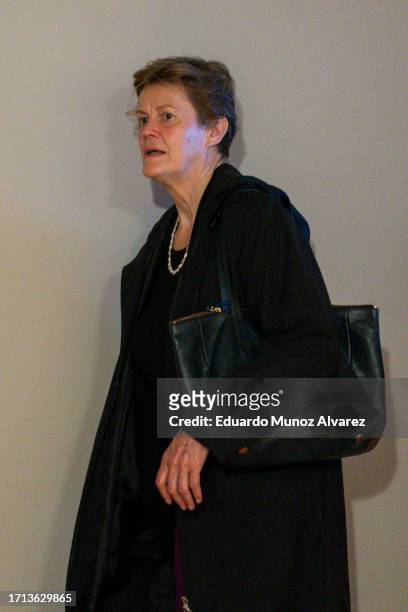 British Ambassador to the UN, Barbara Woodward exits the room after taking part in the United Nations Security Council on October 8, 2023 at U.N....