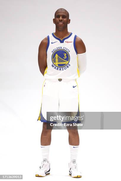 Chris Paul of the Golden State Warriors poses for a picture during the Warriors' media day on October 02, 2023 in San Francisco, California. NOTE TO...
