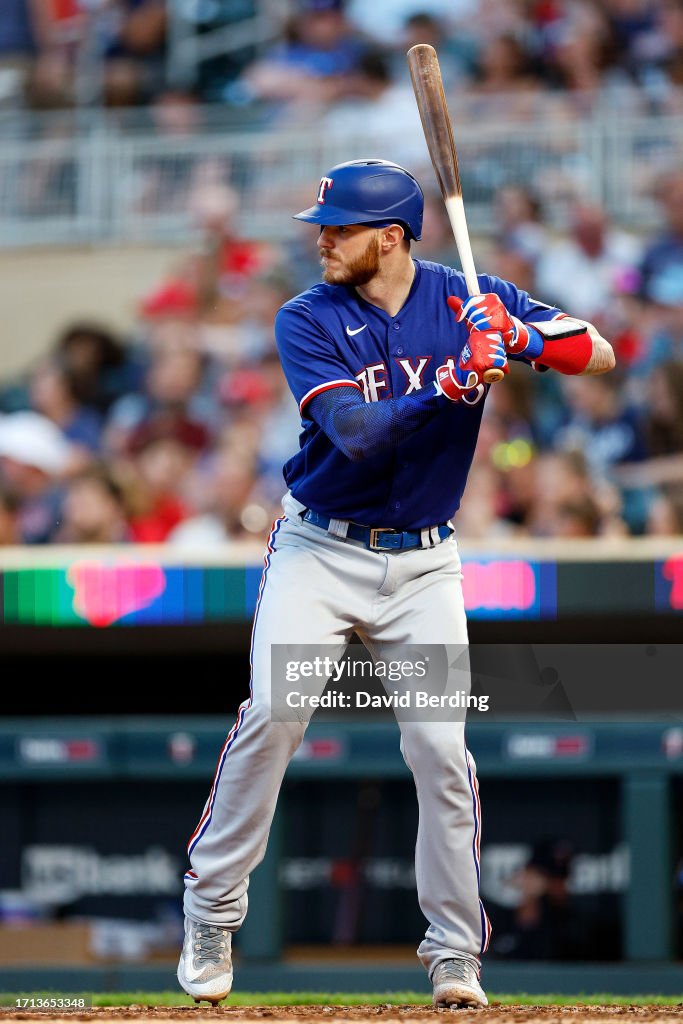 Texas Ranger Heim Jonah Heim of the Texas Rangers takes an at-bat against the Minnesota ...