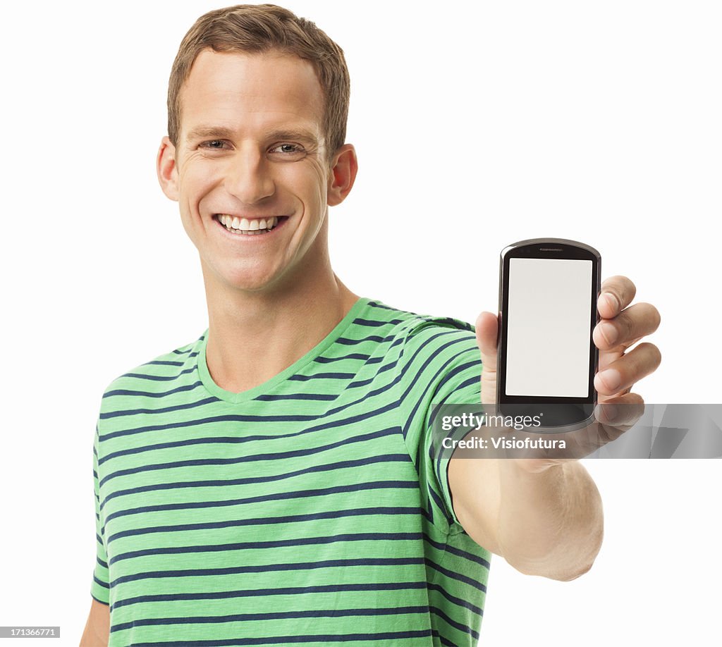 Happy Man Holding Smart Phone - Isolated