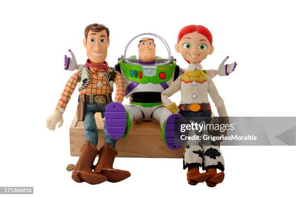 woody buzz and jessie - buzz lightyear stock pictures, royalty-free photos & images