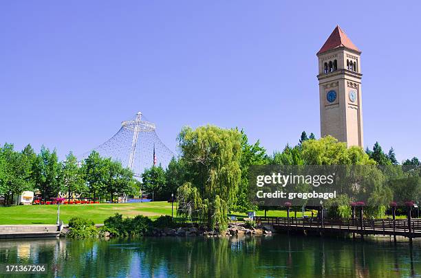 clock tower at riverfront park in spokane, wa - bundesstaat washington stock-fotos und bilder