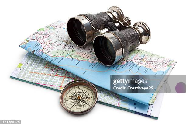 map, compass and binoculars - binoculars stock pictures, royalty-free photos & images
