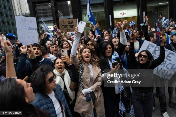 People protest in support of Israel near the Israeli consulate on October 8, 2023 in New York City. On October 7, the Palestinian militant group...