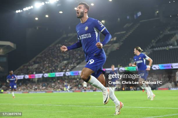 Armando Broja of Chelsea celebrates after scoring the team's second goal during the Premier League match between Fulham FC and Chelsea FC at Craven...