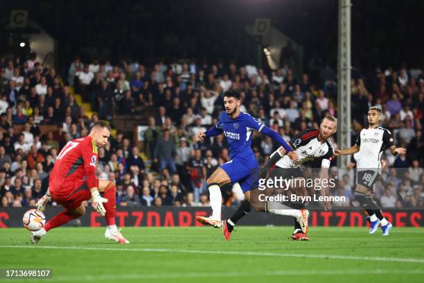 Armando Broja of Chelsea scores the team's second goal during the Premier League match between Fulham FC and Chelsea FC at Craven Cottage on October...