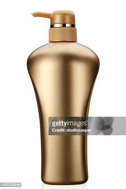 gold shampoo bottle - shampoo bottle white background stock pictures, royalty-free photos & images