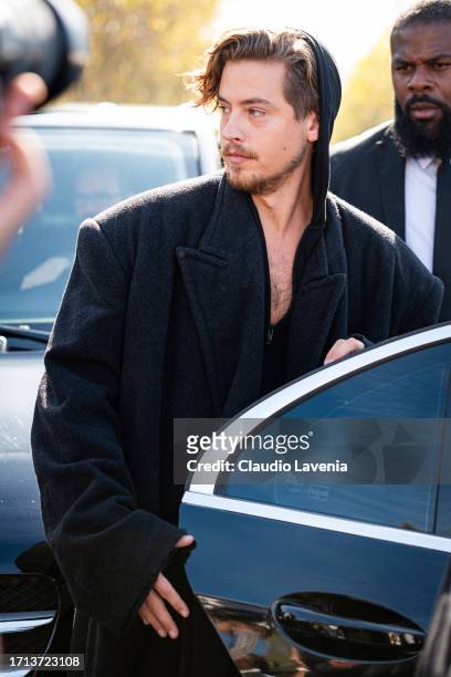 Cole Sprouse, beauty details, is seen outside Balenciaga, during the Womenswear Spring/Summer 2024 as part of Paris Fashion Week on October 01, 2023...