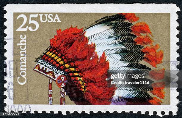 comanche headdress stamp - headdress stock pictures, royalty-free photos & images