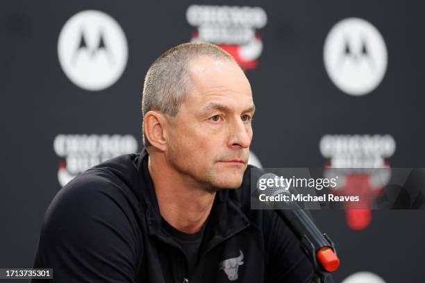 Executive Vice President of Basketball Operations Arturas Karnisovas of the Chicago Bulls answers questions from reporters during Media Day at...