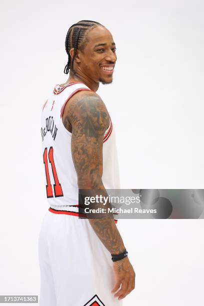 DeMar DeRozan of the Chicago Bulls poses for a photo during Media Day at Advocate Center on October 02, 2023 in Chicago, Illinois.