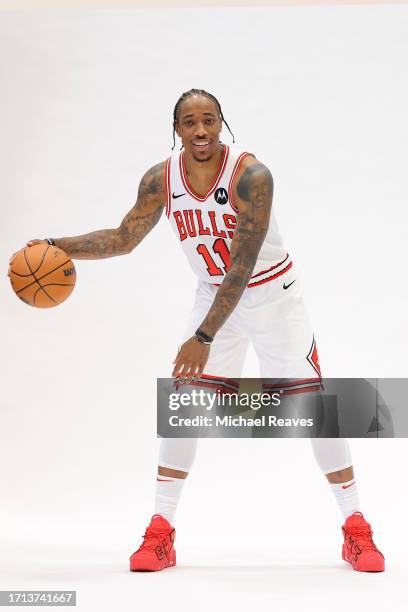 DeMar DeRozan of the Chicago Bulls poses for a photo during Media Day at Advocate Center on October 02, 2023 in Chicago, Illinois.