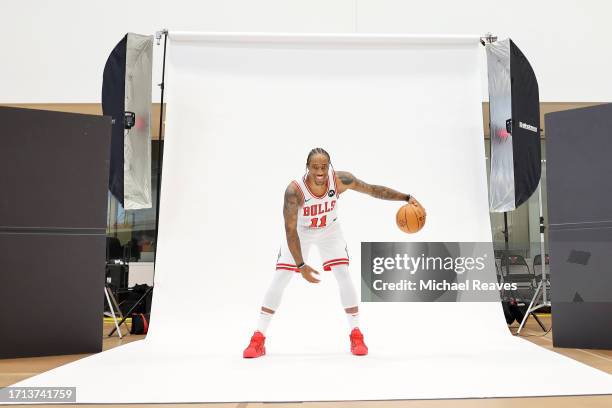 DeMar DeRozan of the Chicago Bulls poses for a photo during Media Day at Advocate Center on October 02, 2023 in Chicago, Illinois.
