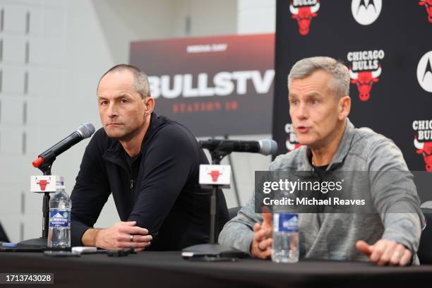 Executive Vice President of Basketball Operations Arturas Karnisovas of the Chicago Bulls looks on as head coach Billy Donovan answers questions from...