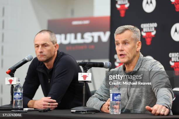 Executive Vice President of Basketball Operations Arturas Karnisovas of the Chicago Bulls looks on as head coach Billy Donovan answers questions from...