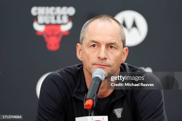 Executive Vice President of Basketball Operations Arturas Karnisovas of the Chicago Bulls answers questions from reporters during Media Day at...