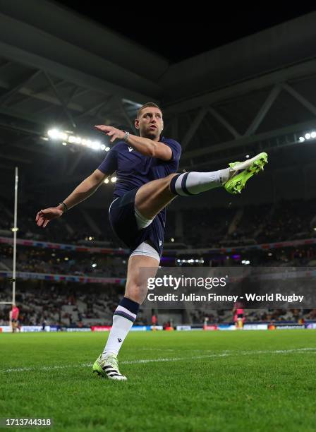 Finn Russell of Scotland kicks prior to the Rugby World Cup France 2023 match between Scotland and Romania at Stade Pierre Mauroy on September 30,...