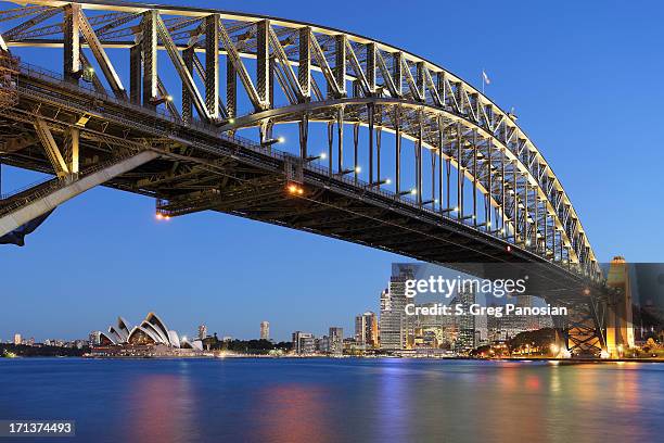 sydney harbor bridge with sydney opera house at dusk - sydney skyline stock pictures, royalty-free photos & images