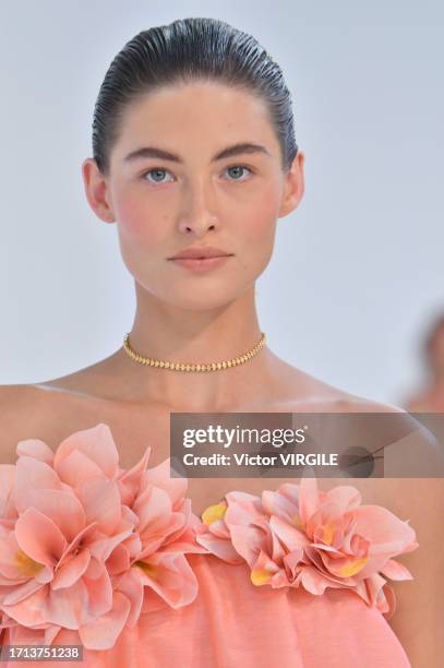 Model walks the runway during the Zimmermann Ready to Wear Spring/Summer 2024 fashion show as part of the Paris Fashion Week on October 2, 2023 in...