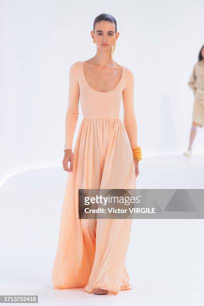 Model walks the runway during the Zimmermann Ready to Wear Spring/Summer 2024 fashion show as part of the Paris Fashion Week on October 2, 2023 in...