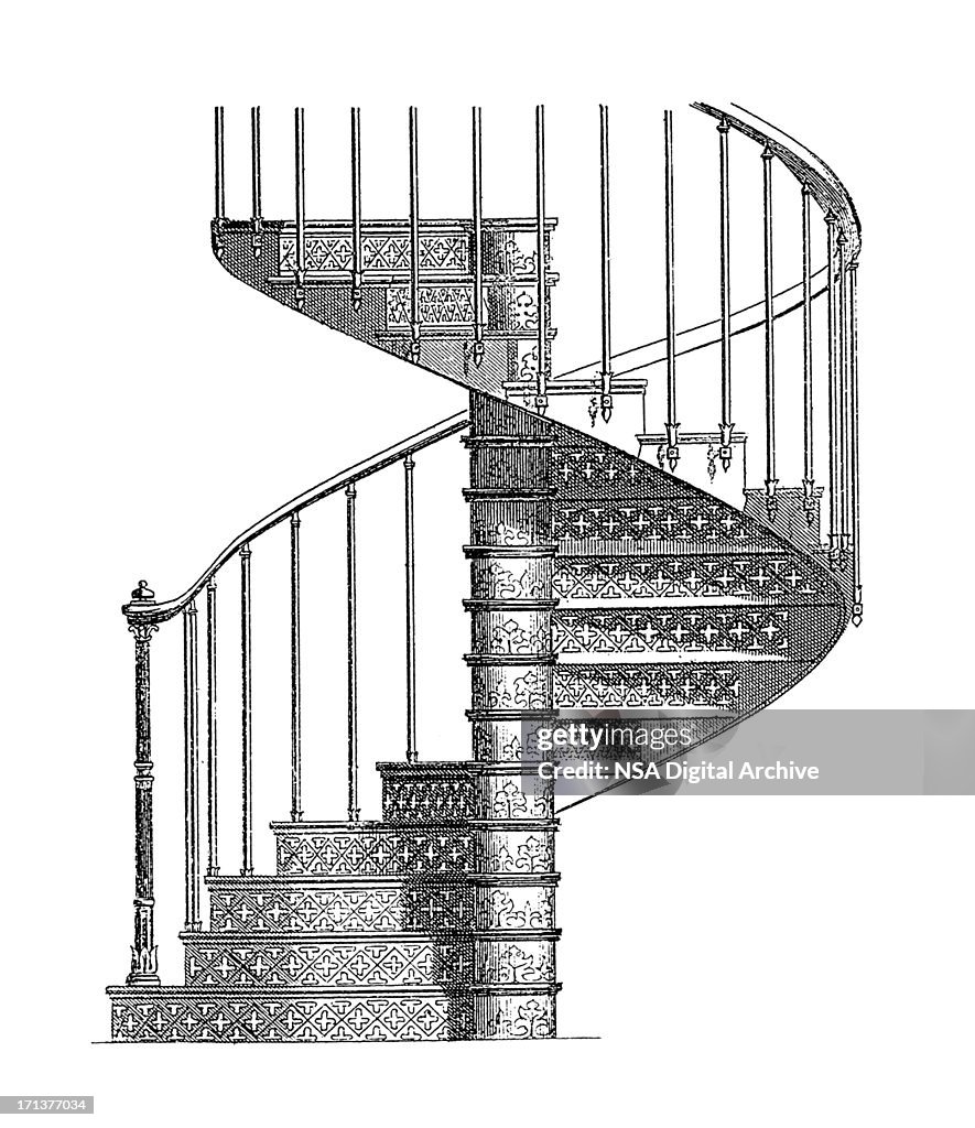 Cast Iron Spiral Staircase | Antique Architectural Illustrations