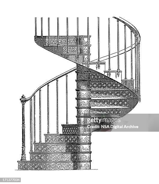 cast iron spiral staircase | antique architectural illustrations - single object photos stock illustrations