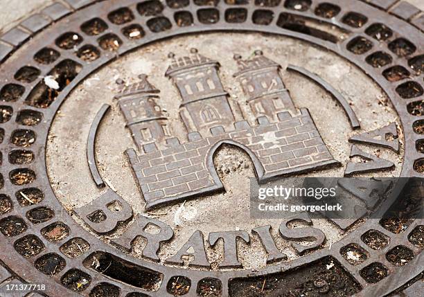 bratislava historical manhole cover - bratislava slovakia stock pictures, royalty-free photos & images