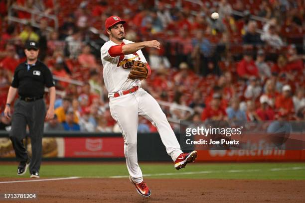 Nolan Arenado of the St. Louis Cardinals throws against the Pittsburgh Pirates at Busch Stadium on September 1, 2023 in St Louis, Missouri.