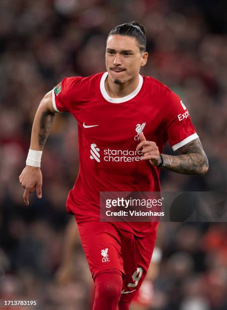 Darwin Nunez of Liverpool in action during the Carabao Cup Third Round match between Liverpool and Leicester City at Anfield on September 27, 2023 in...