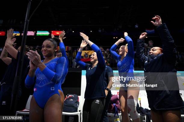 Team France celebrate during the Women's Qualifications on Day Three of the 2023 Artistic Gymnastics World Championships on October 02, 2023 in...