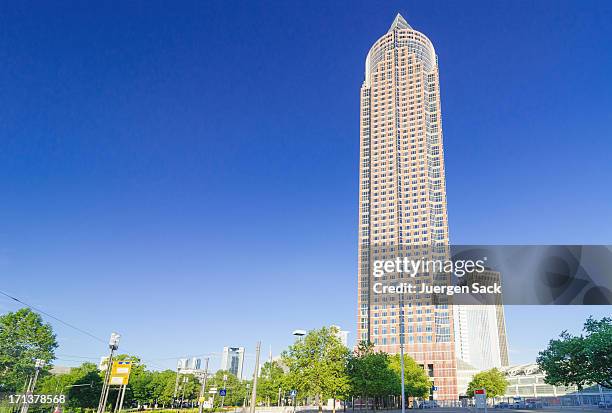 messeturm (messetower) frankfurt - messeturm frankfurt stock pictures, royalty-free photos & images