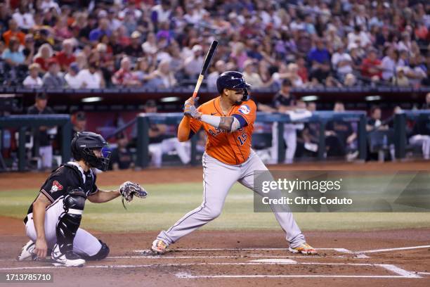 Martin Maldonado of the Houston Astros bats during the game against the Arizona Diamondbacks at Chase Field on October 01, 2023 in Phoenix, Arizona....