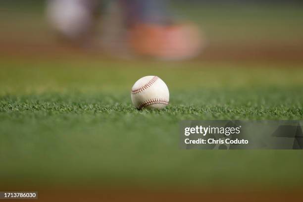 Baseball is seen in the infield during the game between the Arizona Diamondbacks and the Houston Astros at Chase Field on October 01, 2023 in...
